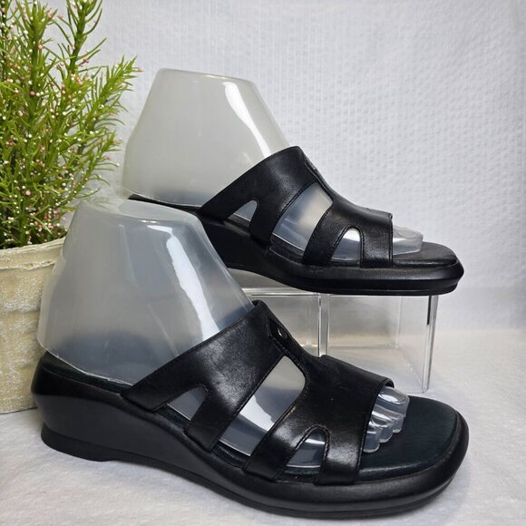 CLARK BLACK LEATHER STAPPY SANDAL WEDGE WOMENS SIZE 6 - Picture 3 of 7